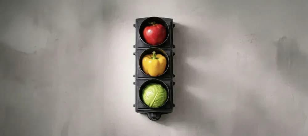 traffic light with vegetables and fruits instead of the colored lights